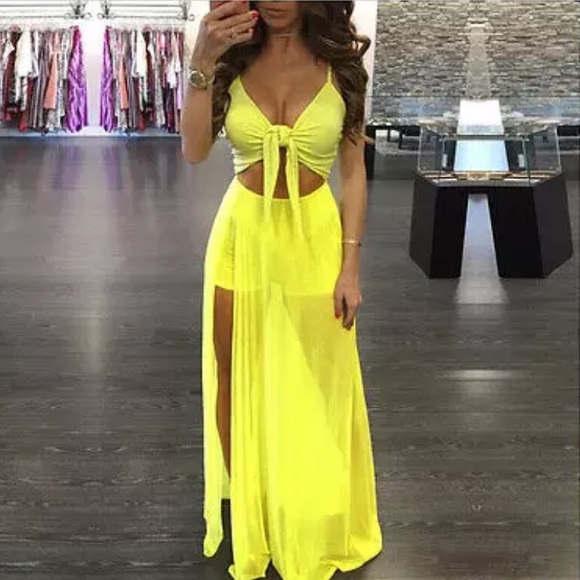 Oh Polly Dresses Oh Polly Yellow Summer Two Piece Dress Mesh Flowy
